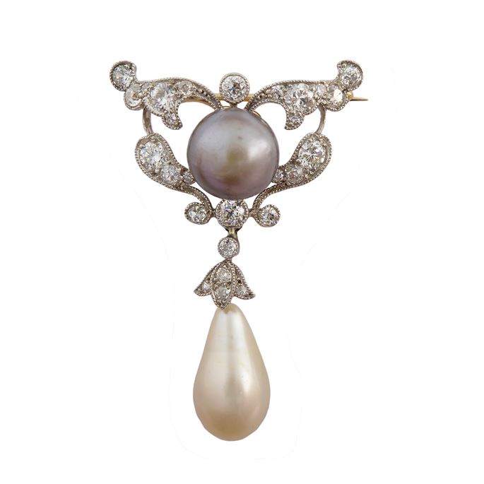 Art Nouveau natural drop pearl, coloured pearl and diamond pendant-brooch, c.1900, | MasterArt